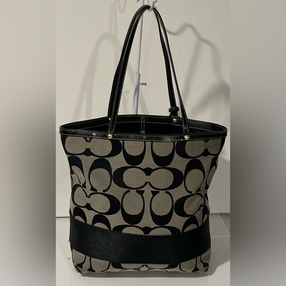 Coach Signature Black Gray Canvas Leather structured logo Shoulder Bag - Picture 12 of 16